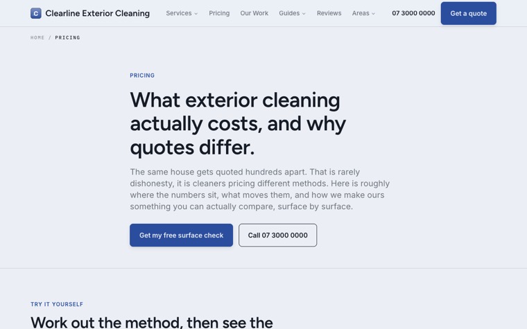 Clearline Exterior Cleaning pricing page