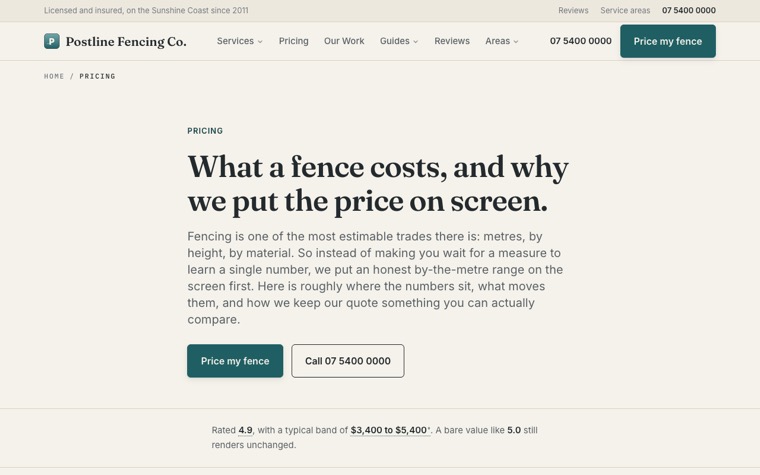 Postline Fencing Co. pricing page