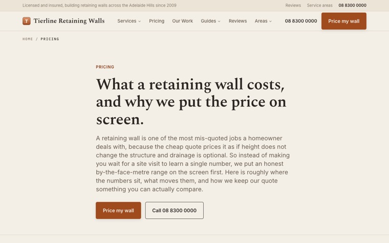 Tierline Retaining Walls pricing page